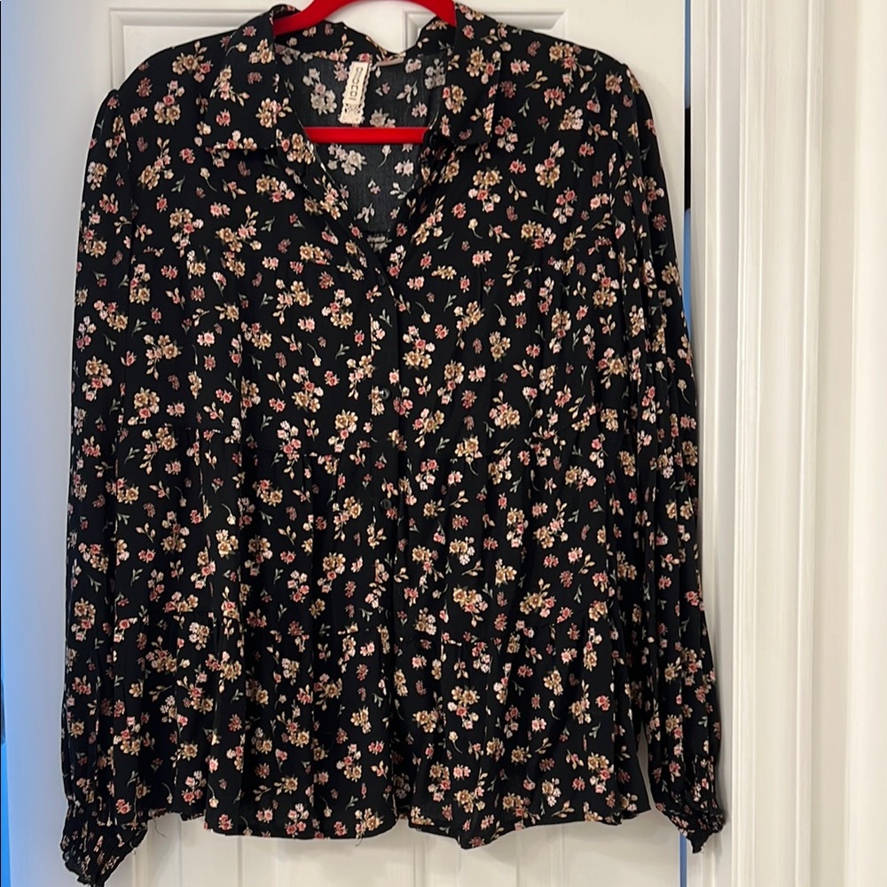 Divided Black Tan Long Sleeve Buttoned Blouse